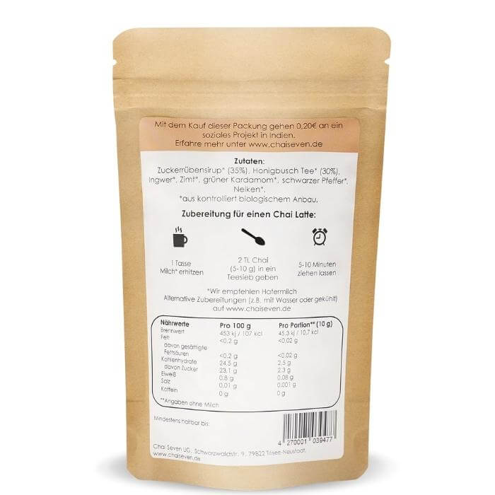 Chaiseven Honeybush Blend Tee aus indischer Gewürzmischung für Chai Latte, koffeinfrei, bio und vegan!