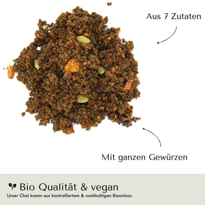 Bio Masala Chai verfeinert mit Kurkuma für ein ausgwogenen Geschmack: Würzig, leicht schwarf und wohltuend!